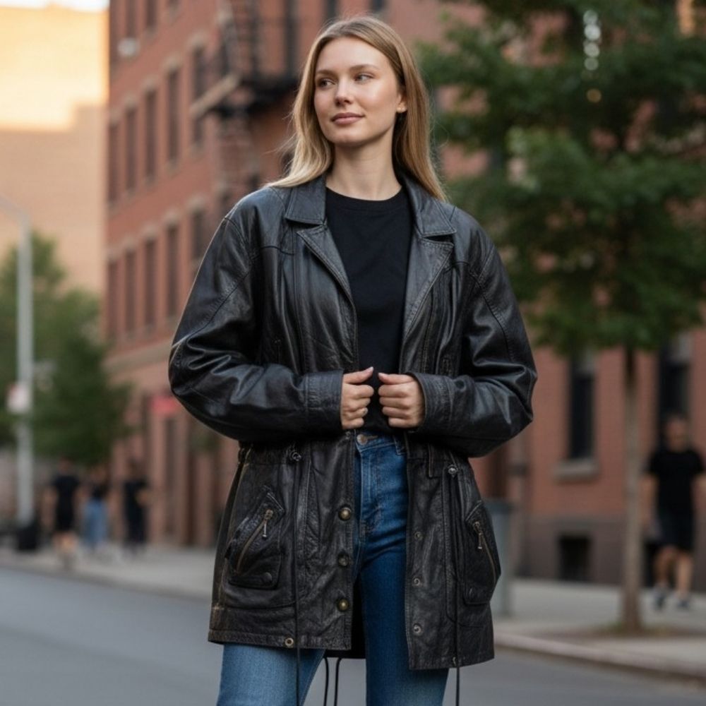Vintage Cinched Waist Longline Black Leather Jacket